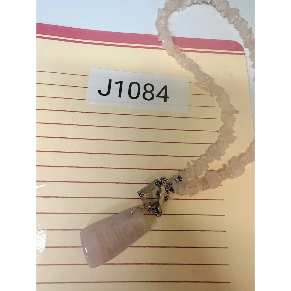 Rose Quartz Chip Bead Necklace with Large‎ Slab Pendant Toggle Clasp Pink Silver